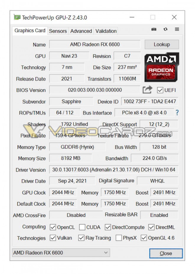 spcifications techniques completes amd radeon rx6600