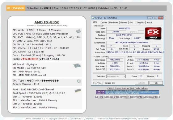 Le FX-8350 atteint les 7.443 Ghz