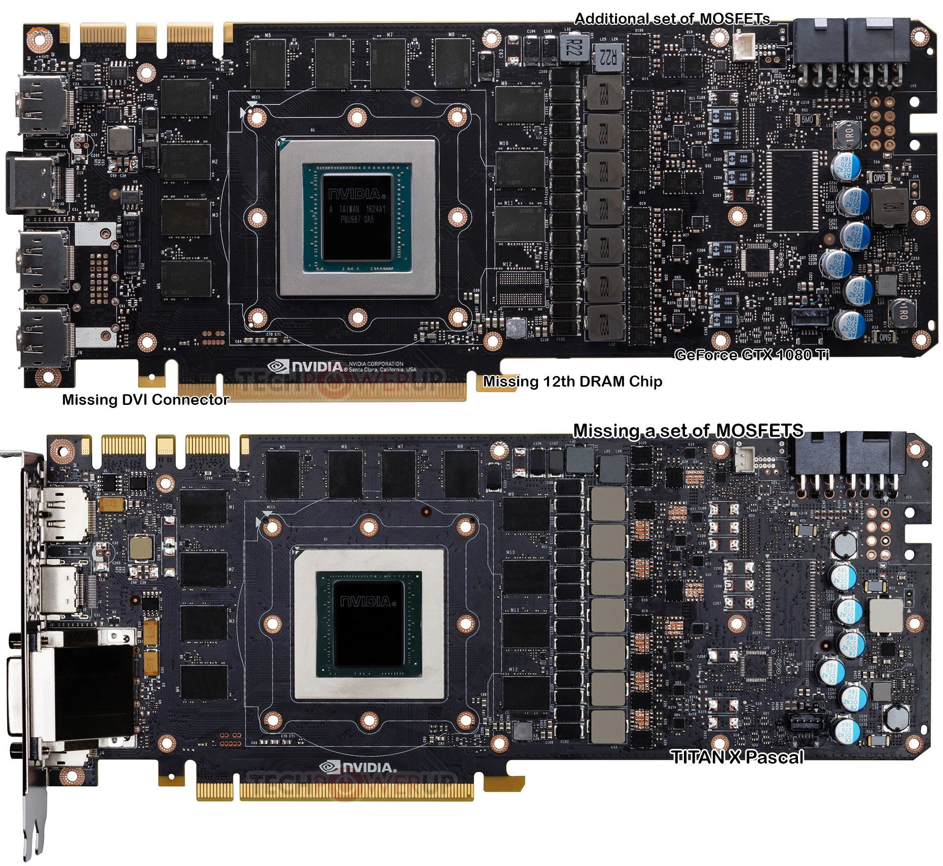Le PCB de la GTX 1080 Ti compar� � celui de la Titan X Pascal
