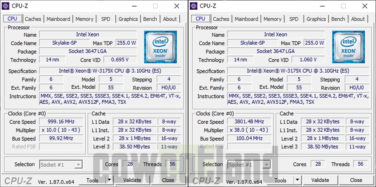 Processeur Intel Xeon W-3175X 28 Cores et 56 Threads : 511 watts en charge chez nous � stock
