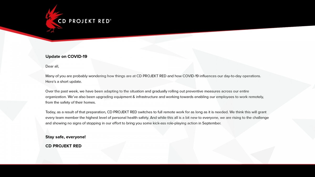 CD Projekt s'est adapt� � la crise actuelle et cela ne devrait pas affecter la sortie de Cyberpunk 2077