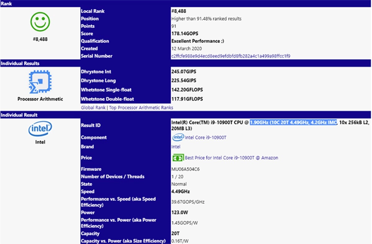 Un processeur Intel Core i9 10900T apparait dans la base de donn�es du Benchmark Sandra avec un surprenant TDP de 123 W