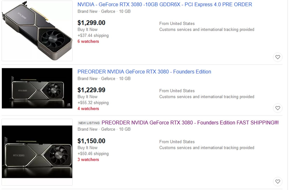 La GeForce RTX 3080 de NVIDIA d�j� � plus de 1200 dollars sur les sites d'ench�res...