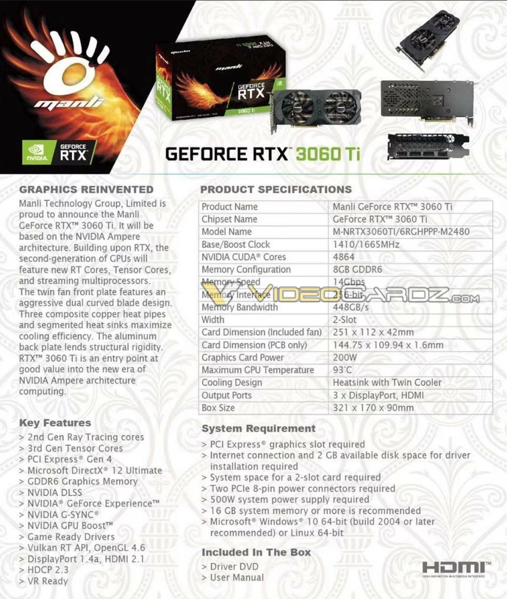 Les sp�cifications techniques de la GeForce RTX 3060 Ti d�voil�es par Manli