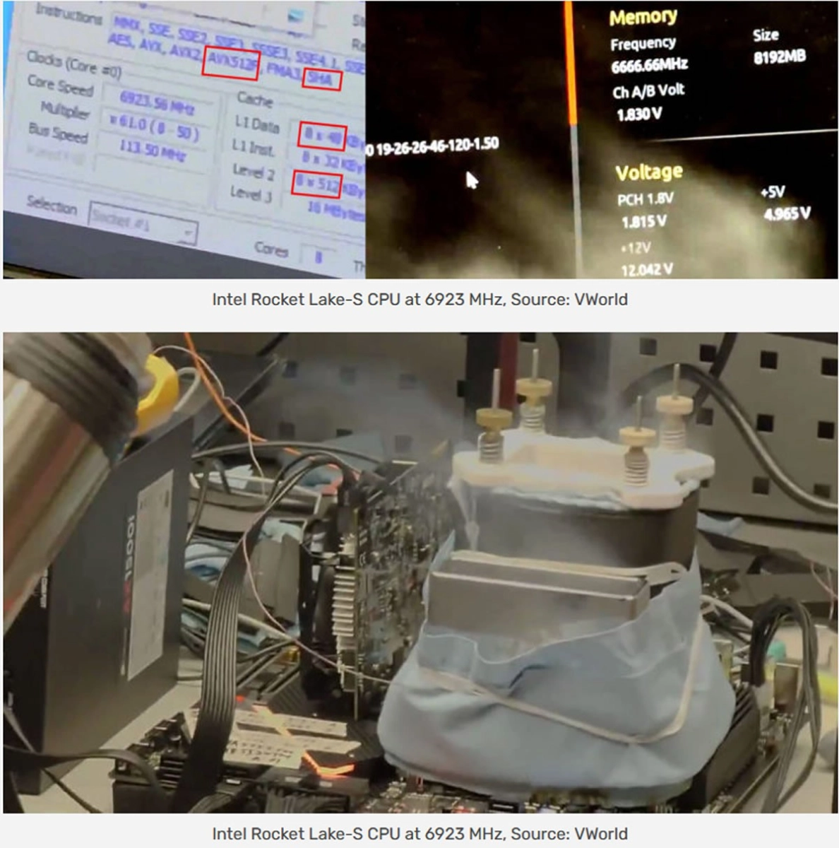6923 MHz pour l'Intel Core i9-11900K sous azote liquide et 6666 pour la m�moire