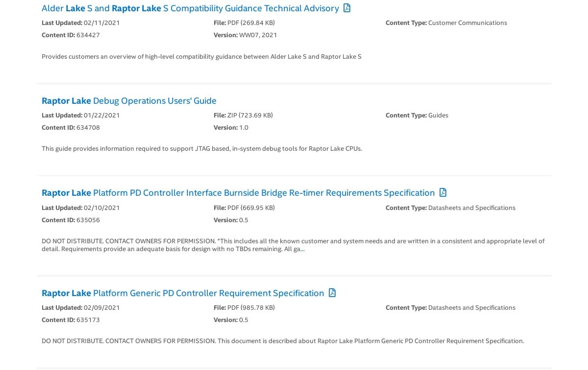 Les processeurs Raptor Lake-S se d�voilent sur le site Intel