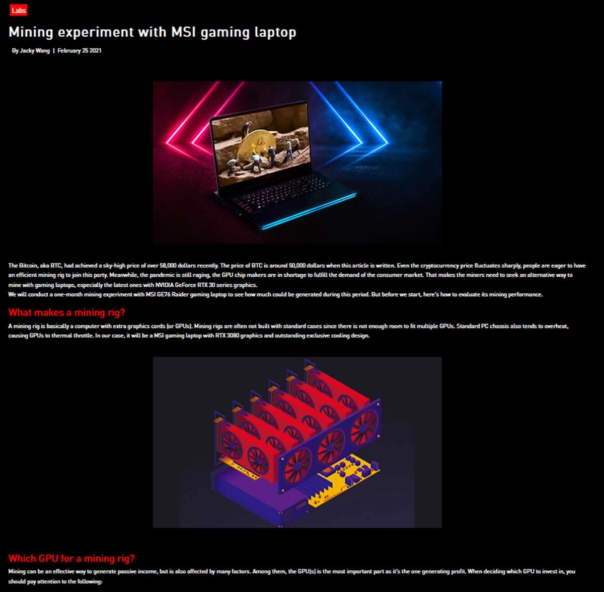 Le portable Gamer MSI GE76 Raider est parfait pour le Mining dixit MSI