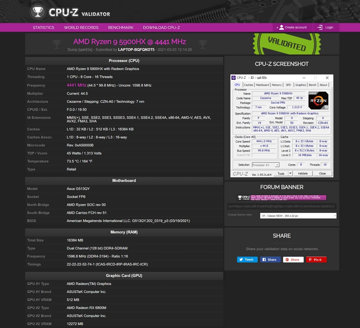 ASUS ROG G513QY, une machine �quip�e en RX 6800M et Ryzen 9 5900HX