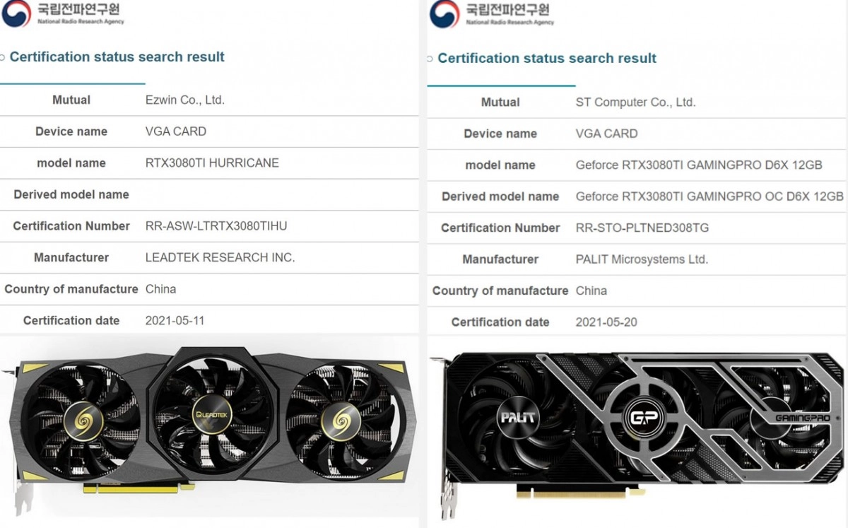 LEADTEK et PALIT enregistrent des GeForce RTX 3080 Ti