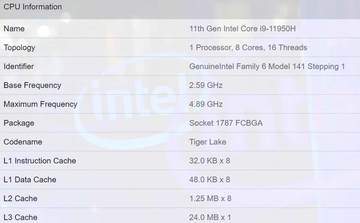 Le processeur Intel Tiger Lake Core i9-11950H se montre