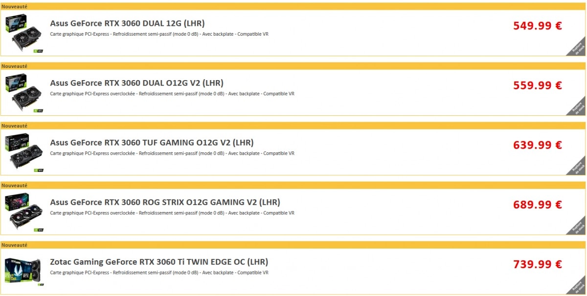 Toutes les cartes graphiques GeForce RTX 3000 LHR r�f�renc�es