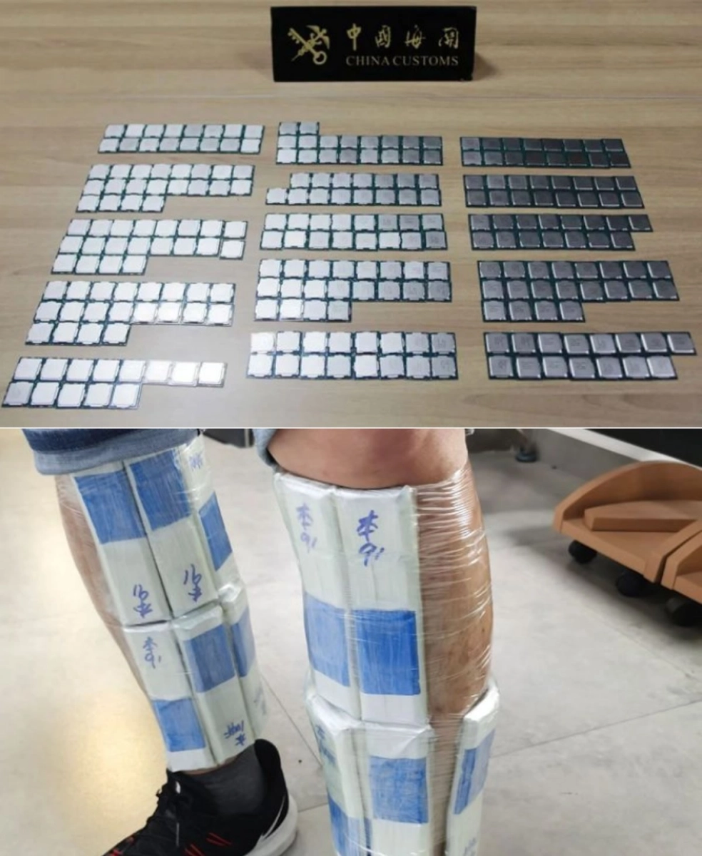 Le mec se fait p�cho � la fronti�re chinoise avec 256 processeurs Intel 10700 et 10900K scotch�s sur lui