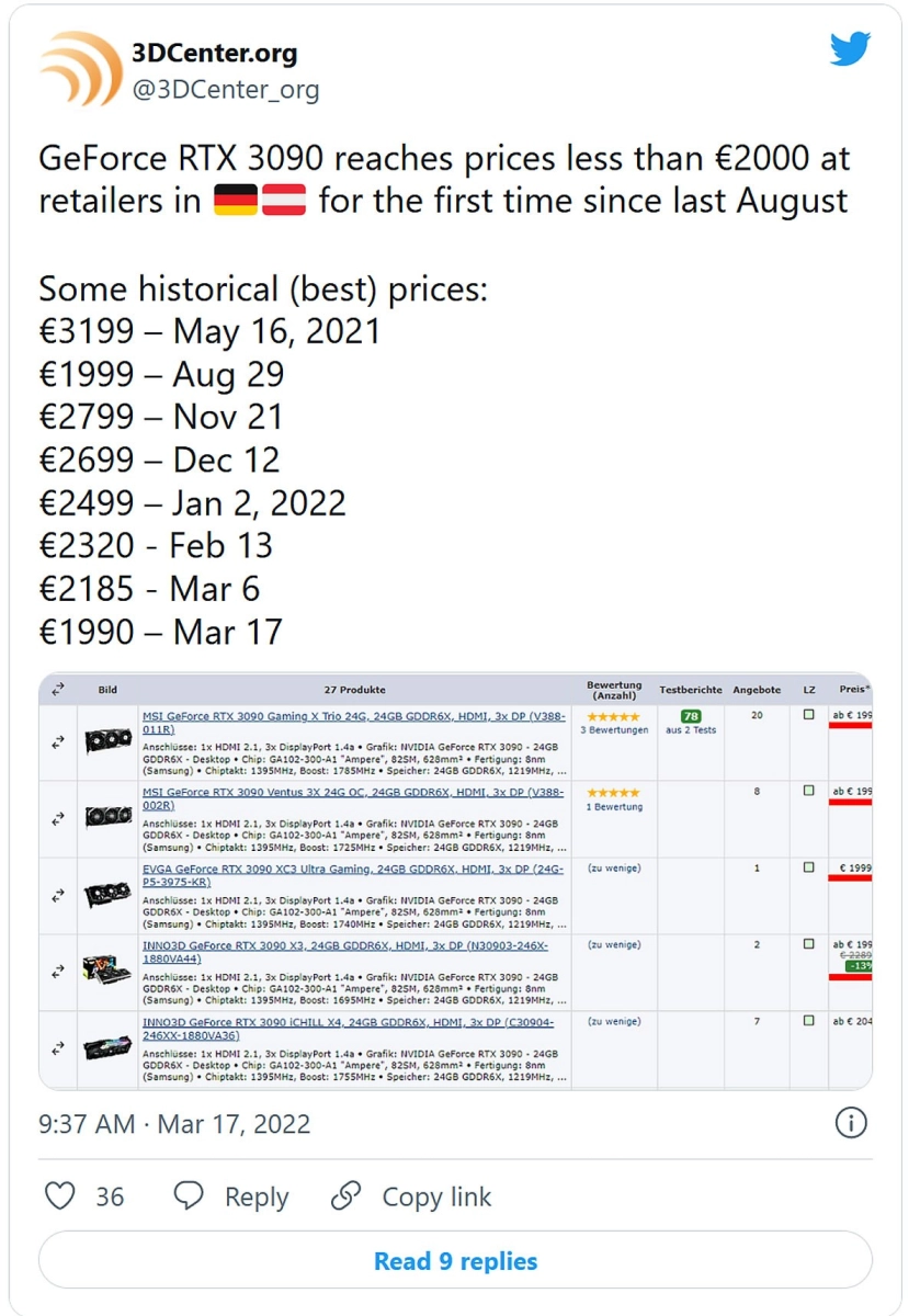Les GeForce RTX 3090 Customs repassent sous la barre des 2000 euros