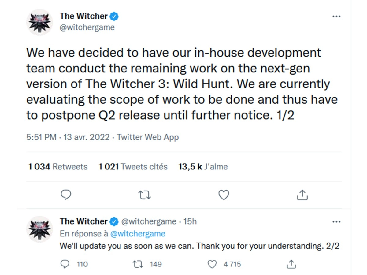 Les versions Xbox Series S/X et PlayStation 5 du jeu The Witcher 3 � nouveau report�es