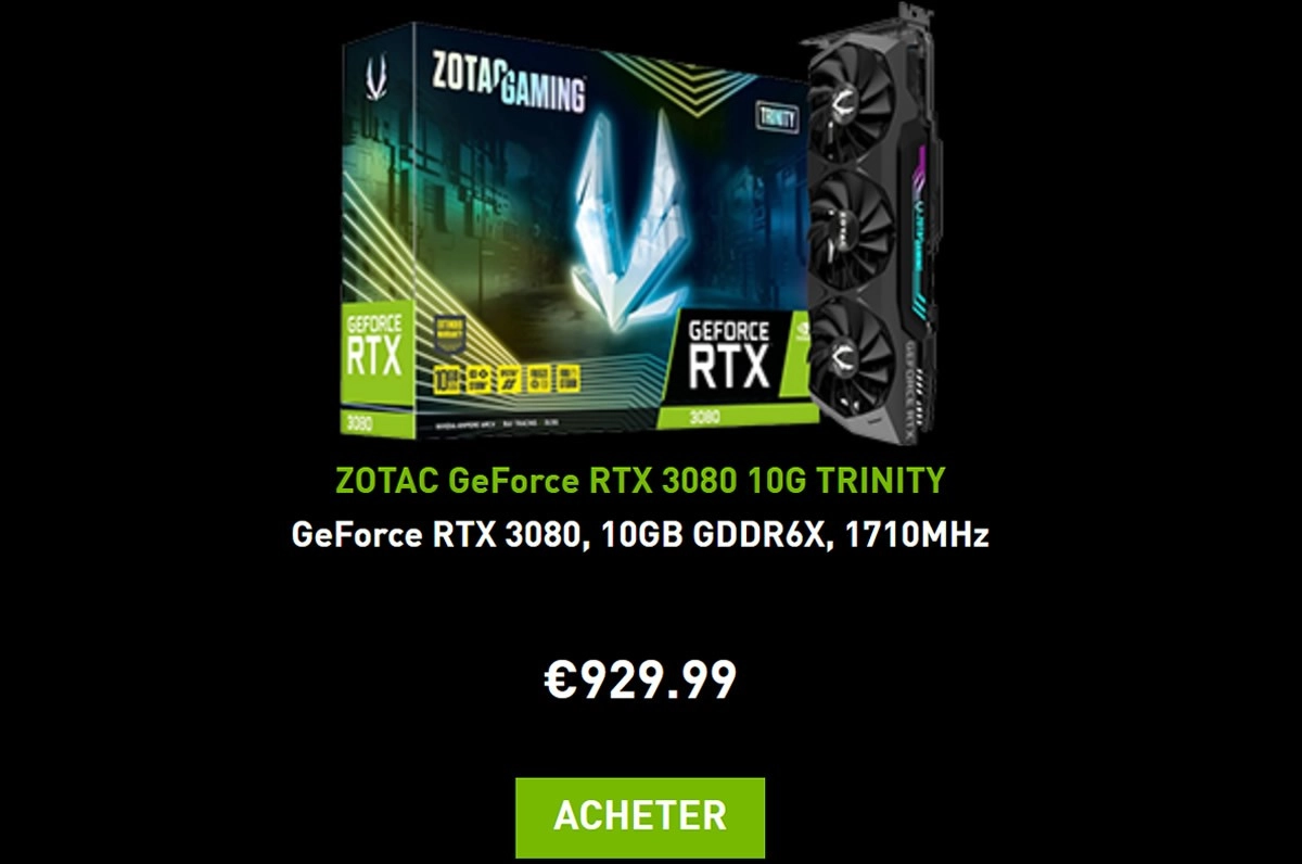 La Geforce RTX 3080 10 Go par ZOTAC � 939 euros est de retour !!!