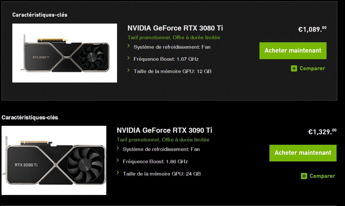 Les 3080 Ti FE et 3090 Ti FE � 1089 et 1369 euros sont disponibles � la vente