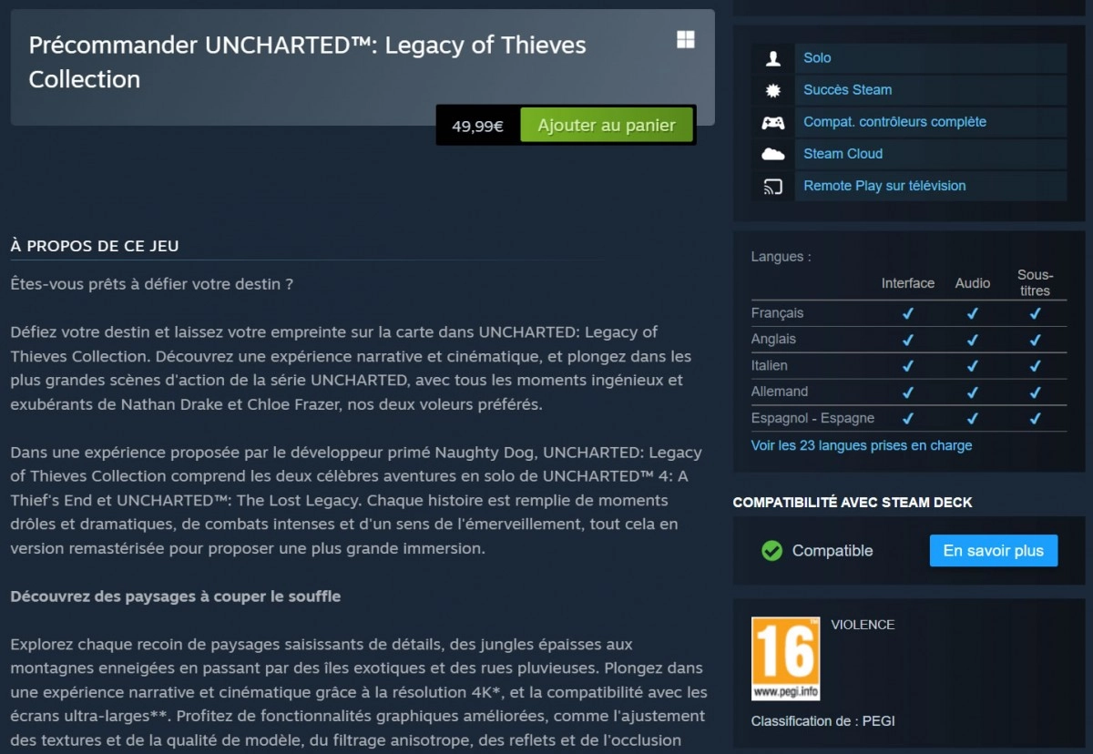 UNCHARTED: Legacy of Thieves Collection d'ores et d�j� v�rifi� Steam Deck ; mais...