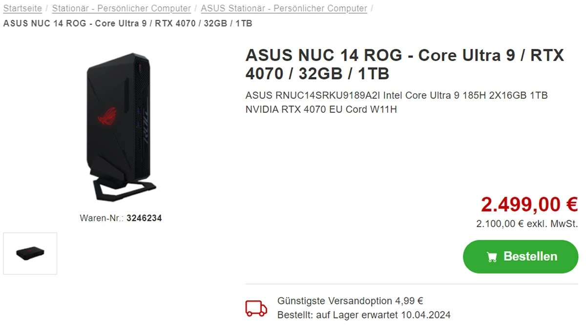 ASUS NUC 14 ROG, les premiers tarifs tombent : RTX 4070 et Core Ultra 9 pour 2499 �