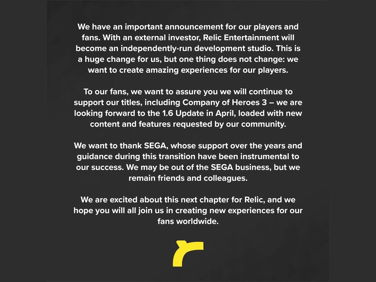 Relic Entertainment prend son envol et quitte SEGA