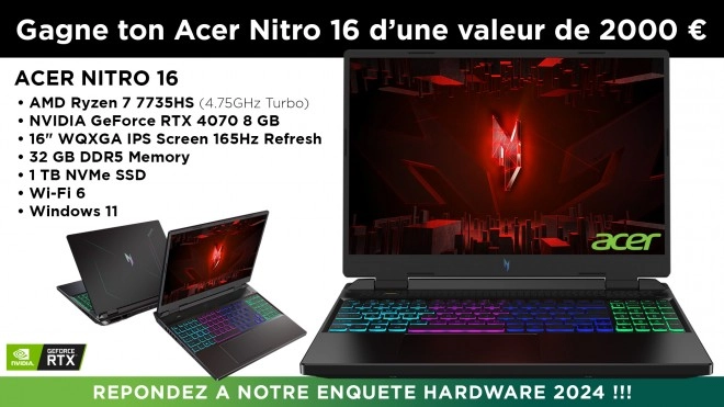 Enqu�te Hardware 2024 Cowcotland : Participez et tentez de gagner un laptop Gamer Acer Nitro 16 d'une valeur de 2000 euros