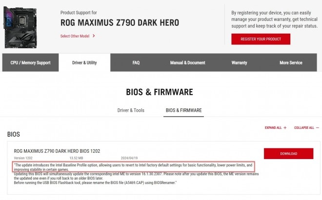 ASUS publie une mise � jour du BIOS pour am�liorer la stabilit� des jeux sur les processeurs Intel de 13�me et 14�me g�n�ration.