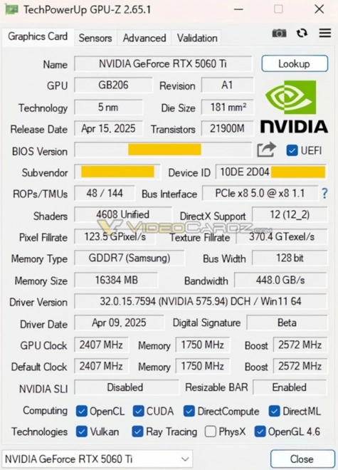Un GPU-Z confirme les sp�cifications de la future carte graphique NVIDIA RTX 5060 Ti !