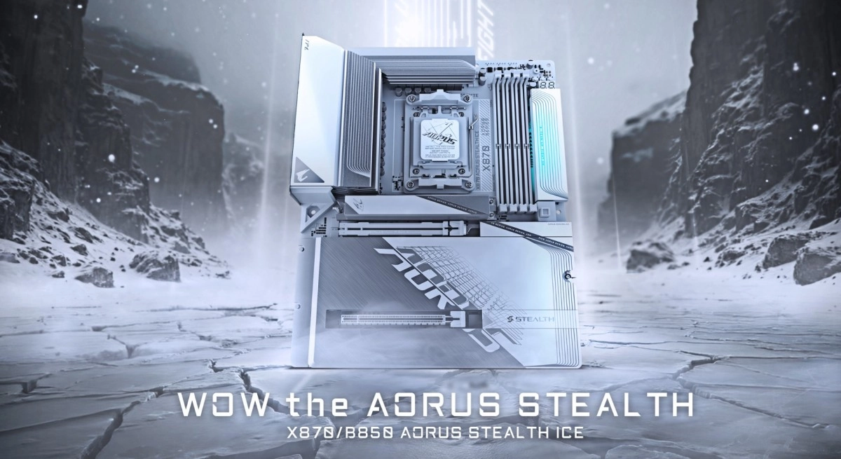 X870 et B850 AORUS STEALTH ICE : Gigabyte d�voile ses nouvelles cartes m�res blanches � connecteurs invers�s