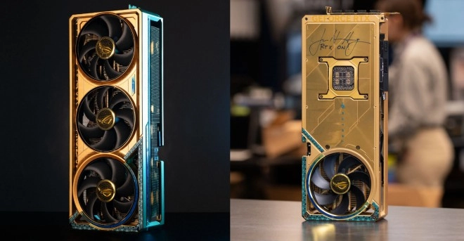 Une carte ASUS ROG Astral GeForce RTX 5090 Dhahab OC Edition, sign�e par Jensen Huang, s'est vendue 24200 dollars !
