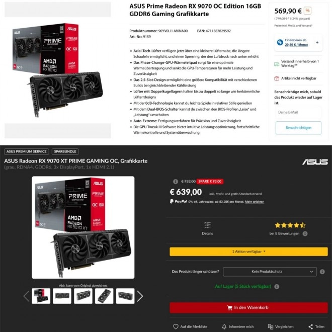 Les RX 9070 et RX 9070 XT s'affichent toutes les deux sous le MSRP en Allemagne