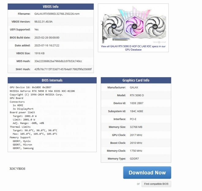 Un bios extr�me pour la GALAX RTX 5090 D HOF est disponible en t�l�chargement, avec un TDP � 2001 W !