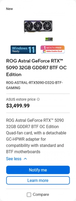 ASUS ROG Astral RTX 5090 BTF Edition : le tarif US pique !