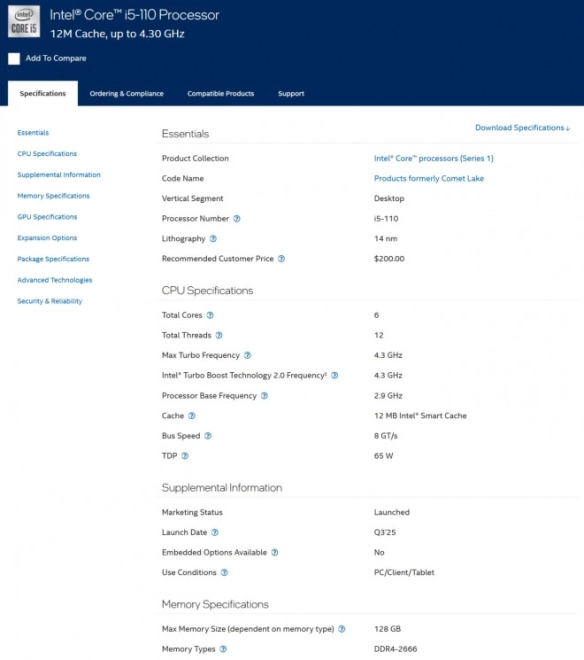 Intel lance maintenant le processeur Core i5 110, un 10400 en 14 nm renomm�