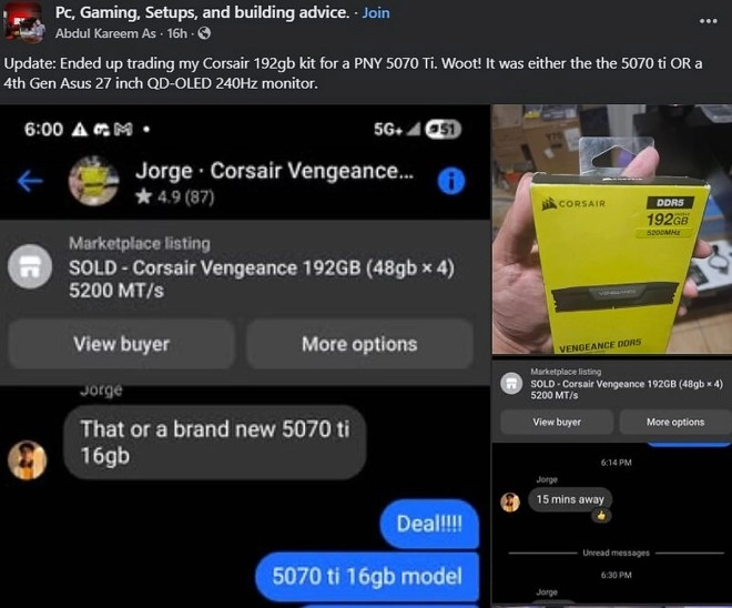 Il �change une RTX 5070 Ti � 750 $ contre 192 Go de DDR5 � 2225 $, la bonne affaire !!!