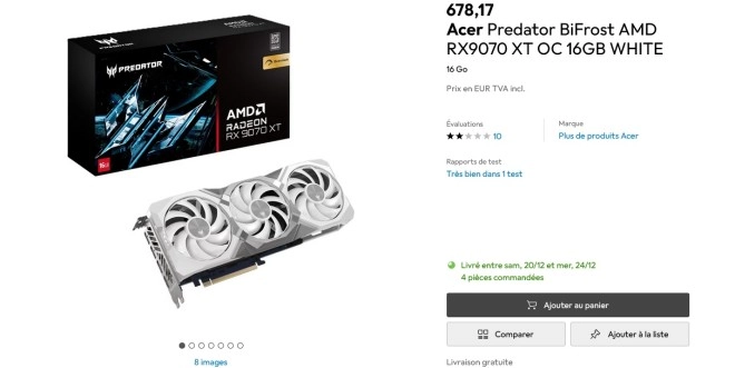 La PREDATOR BiFrost Radeon RX 9070 XT White d'ACER est trouvable en Europe !