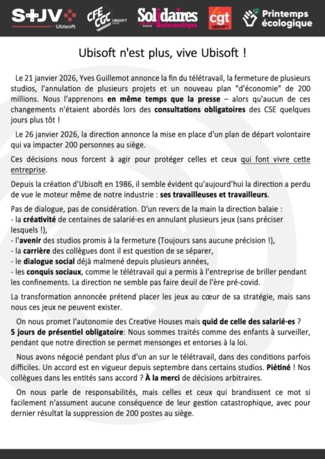 Le Syndicat des Travailleureuses du Jeu Vid�o prend position contre la restructuration voulue par Ubisoft