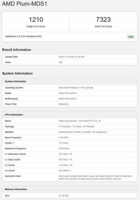 Un CPU AMD Zen 6 Medusa Point aper�u sous Geekbench avec 10 cores et 32 Mo de cache L3