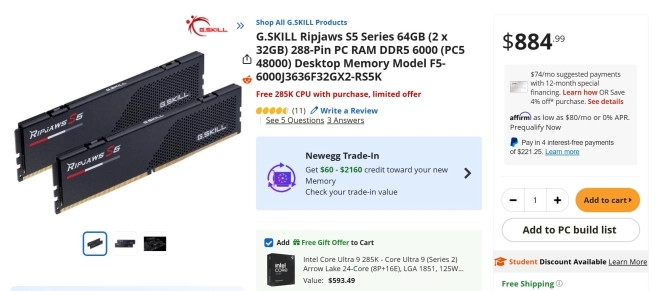G.Skill offre un CPU Core Ultra 9 285K pour l'achat de 2 x 32 Go de DDR5...