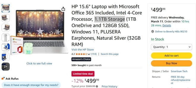 1,1 To de stockage sur un laptop� dont 1 To dans le cloud ? La fiche technique Amazon qui fait grincer des dents