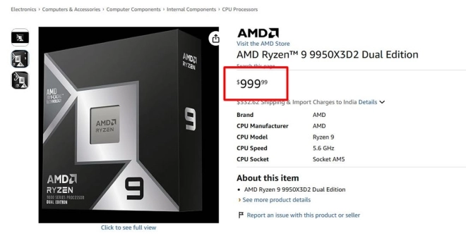 Le tant attendu AMD Ryzen 9 9950X3D2 Dual Edition s'affiche � 999 dollars chez Amazon