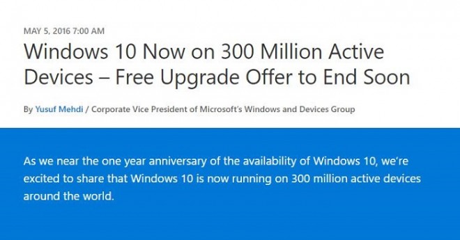 windows 10 desormais installe 300 millions appareils