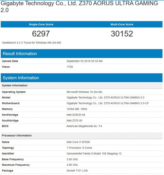 processeur Intel Core i7-9700K geekbench 30000-points
