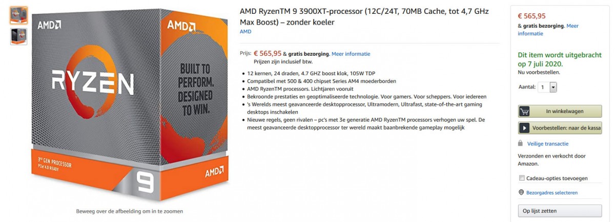 Le RYZEN 9 3900XT s'affiche à 565 euros sans ventirad sur Amazon avec une disponibilité pour le 7 juillet