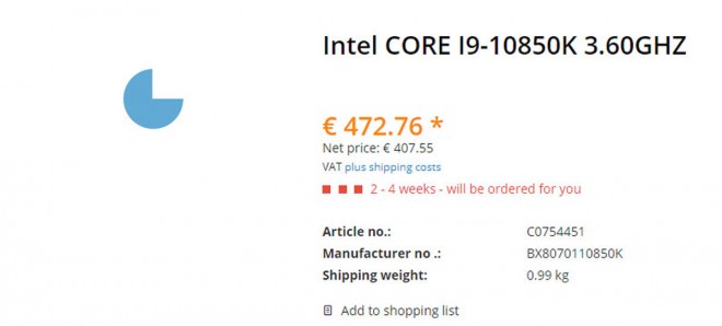 cpu intel core-i9-10850K 472-euros