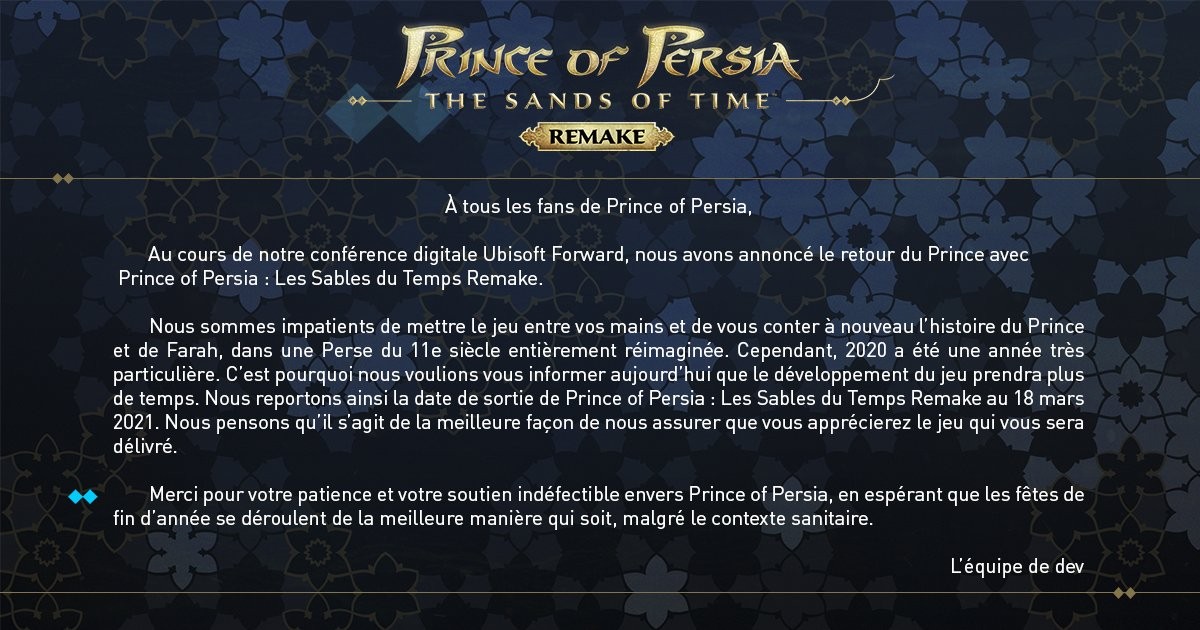 Le jeu Prince of Persia : Les Sables du Temps Remake subit également un report