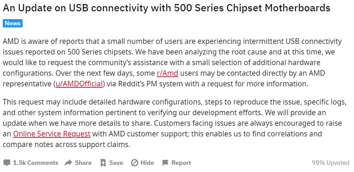 AMD communique autour des problèmes de gestion USB avec les cartes en série 500