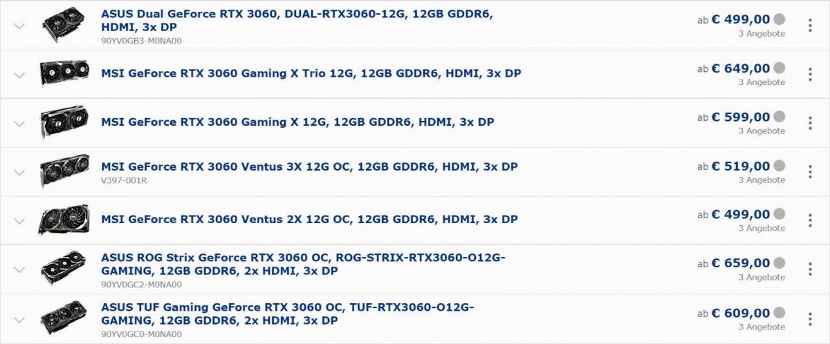 NVIDIA GeForce RTX 3060, de 499 euros à 659 U+20AC; Outre-Rhin