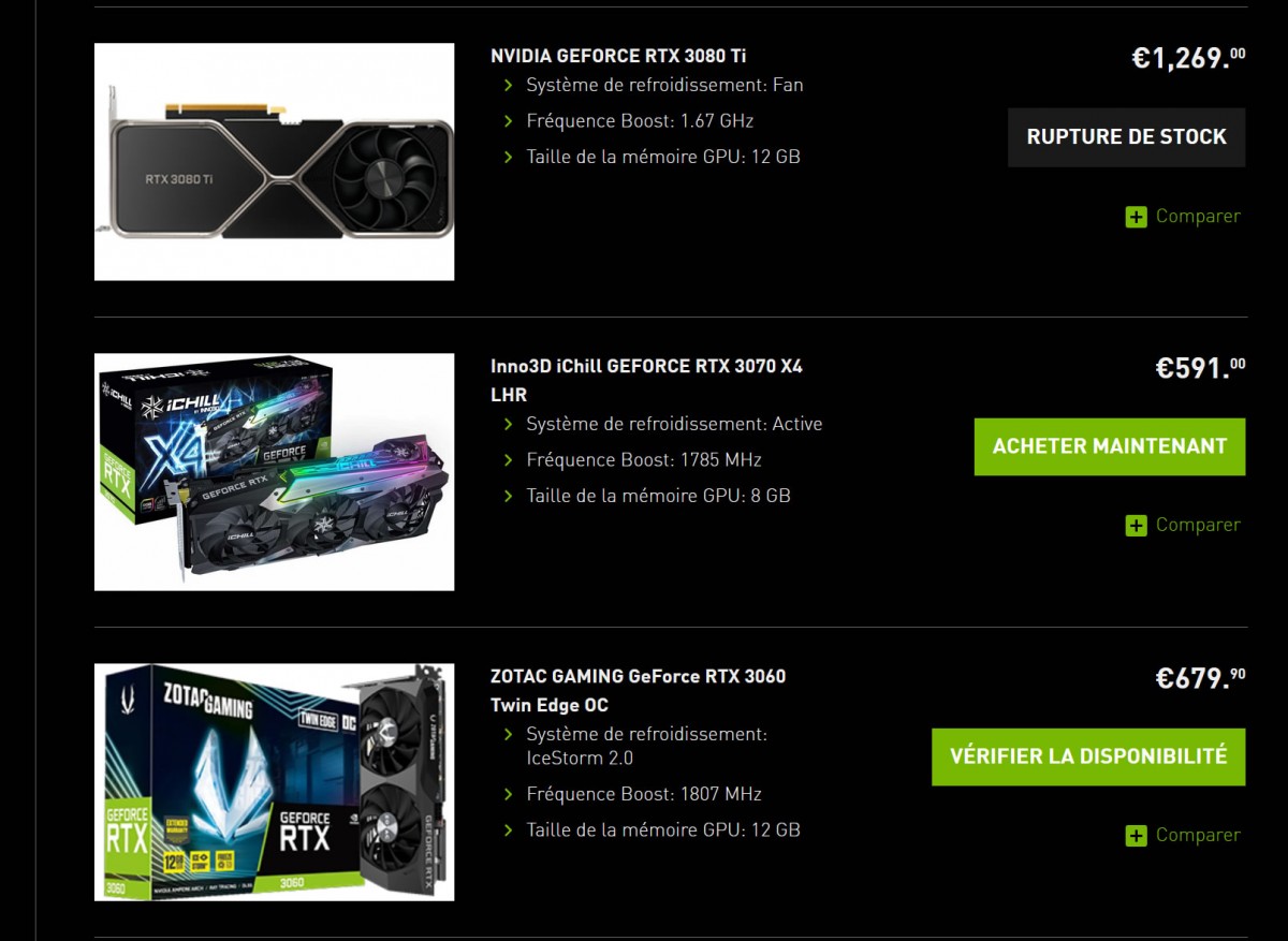 La frayeur... De la GeForce RTX 3070 disponible à 591 euros sur le site de NVIDIA