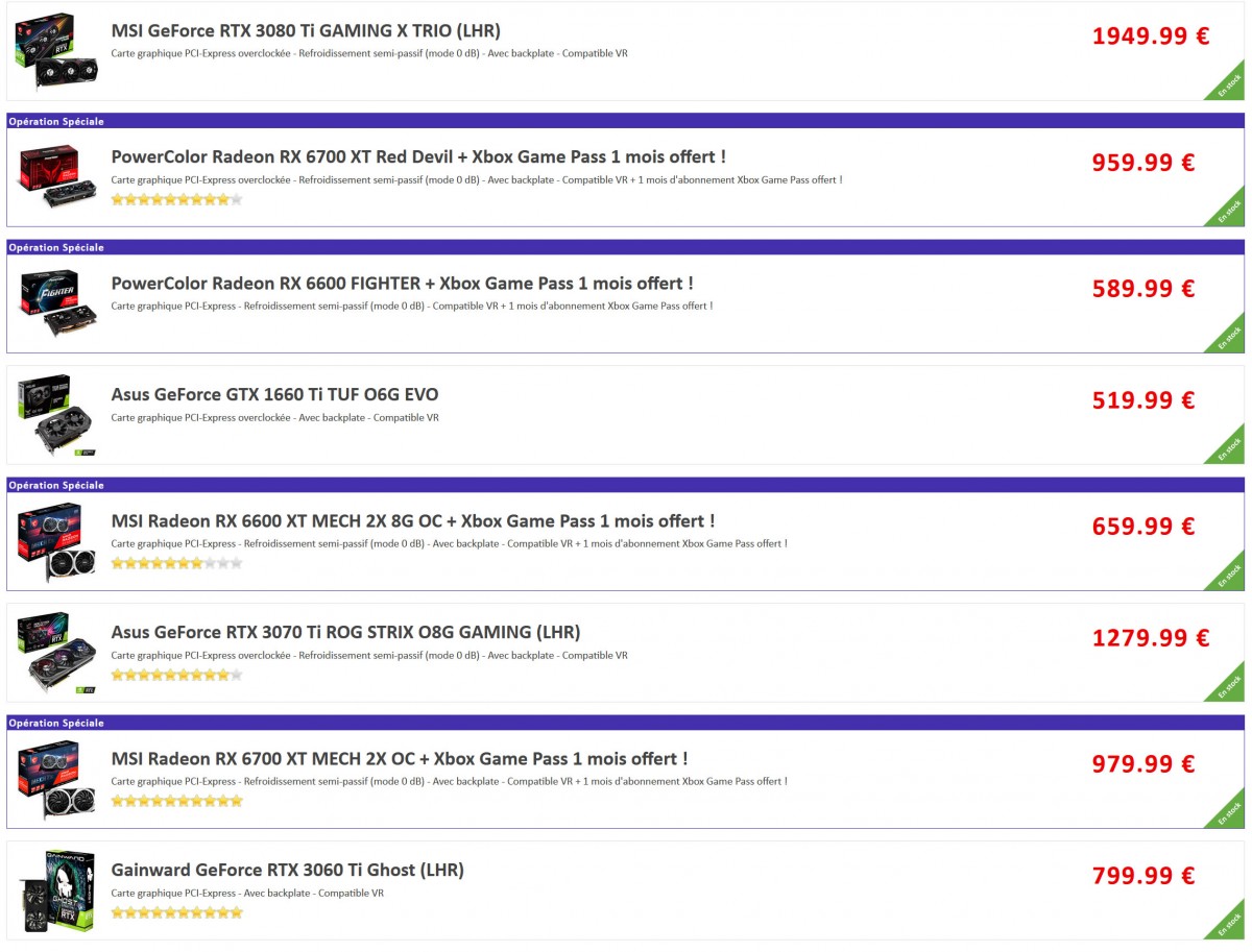 101 références de cartes graphiques AMD et NVIDIA pour les joueurs sont disponibles en stock, on n'évoquera pas les prix...