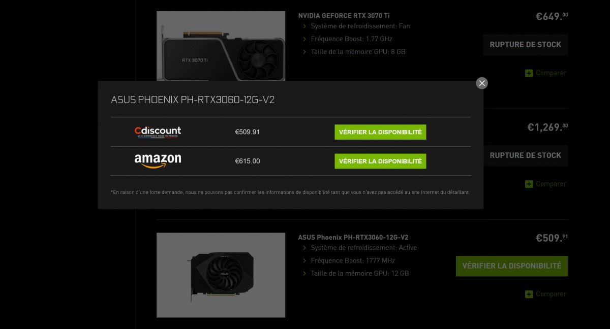 De la NVIDIA GeForce RTX 3060 à 509 euros il y en a eu de disponible chez CD