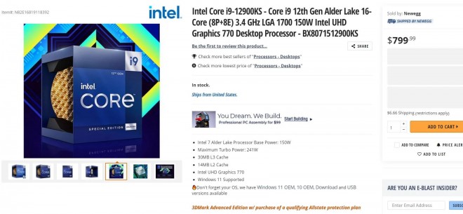 vente cpu intel core-i9-12900K 799-dollars